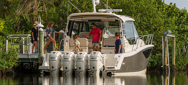 Back view of boat parked at a dock