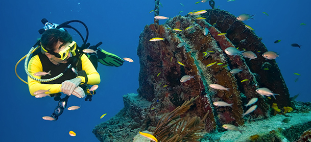 Man scuba diving looking at wreckage