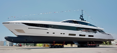 Mangusta 54 Gransport being taxied across a shipyard
